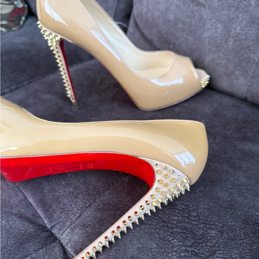 Christian Louboutin Nude and Red Spiked Heels - Picture 3 of 6